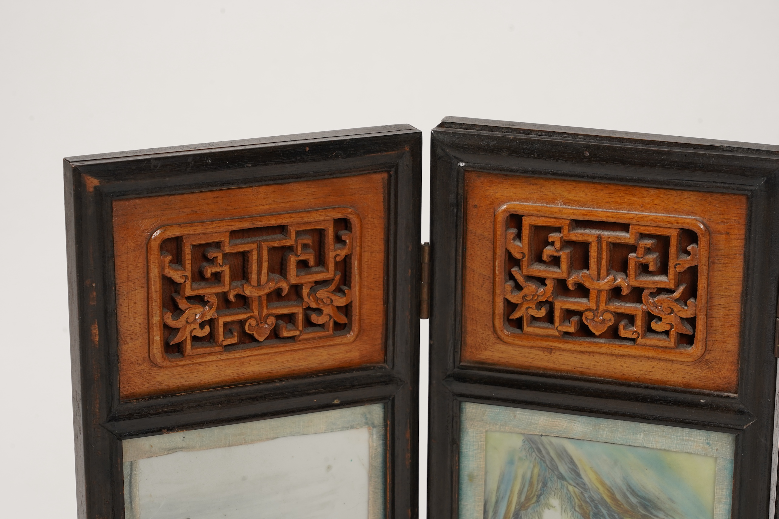 A Chinese porcelain plaque inset four fold table screen, Republic period